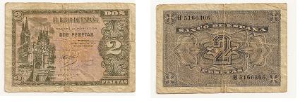 Billete dos pesetas. Burgos 1938