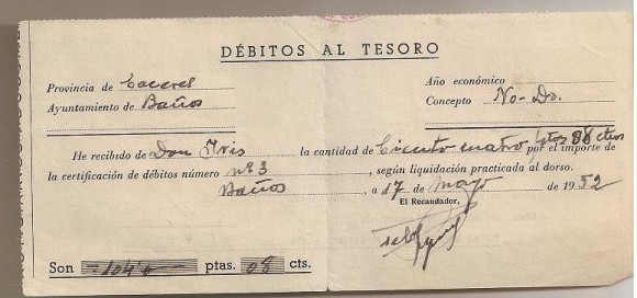 Recibo de debitos al Tesoro por NO-DO. 1952