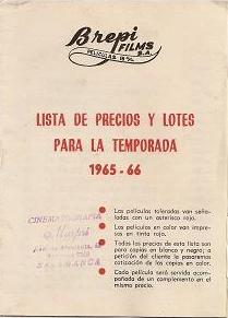 folleto con lista de precios peliculas 16 mmm temporada 1965-66