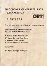 Papeleta elecciones Generales 1979. Diputados Salamanca. Partido ORT